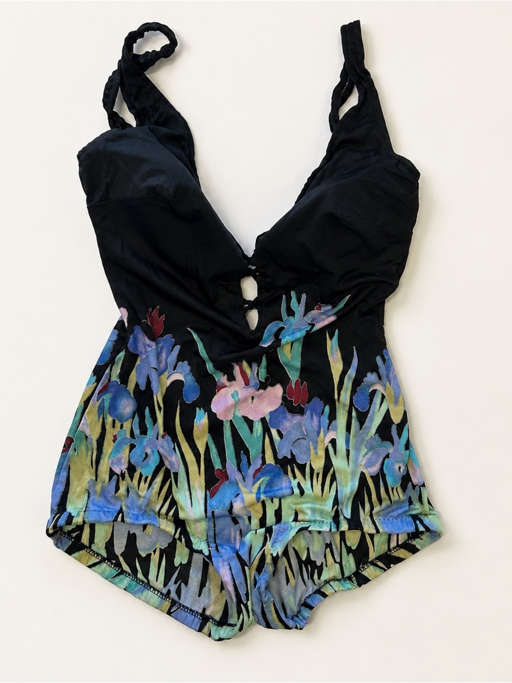 Cole of California vintage flower pattern over black one piece swimsuit